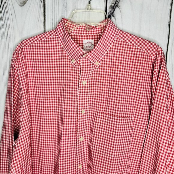 Brooks Brothers Button Down Shirt Mens Sz L Red White Gingham Check Regular Fit - Picture 2 of 7
